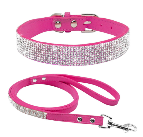 Dog Shiny Rhinestone Necklace Collar With Matching Lead