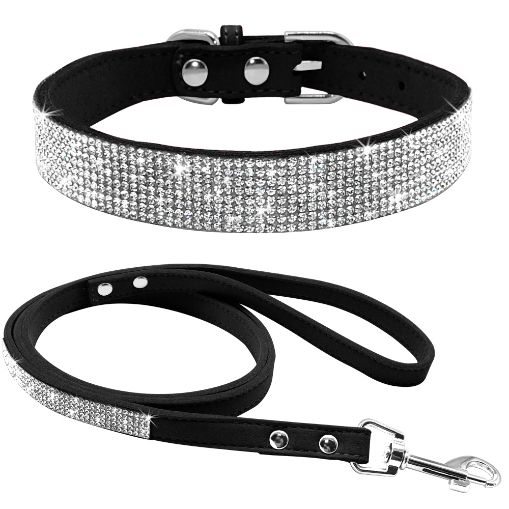 Dog Shiny Rhinestone Necklace Collar With Matching Lead