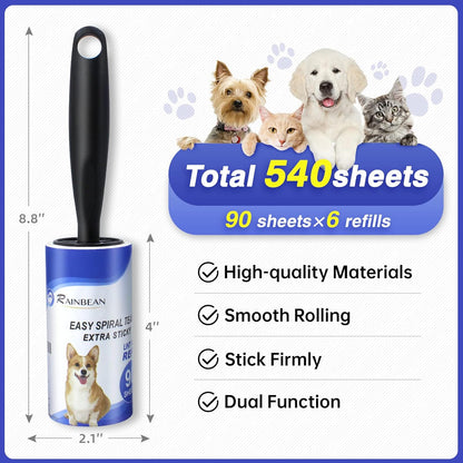 Extra Sticky Lint Rollers For Pet Hair, 540 SHEETS, 6 Refills, 2 Upgrade Handles, Portable Brush Removes Dog and Cat Hair from Clothes and Furniture